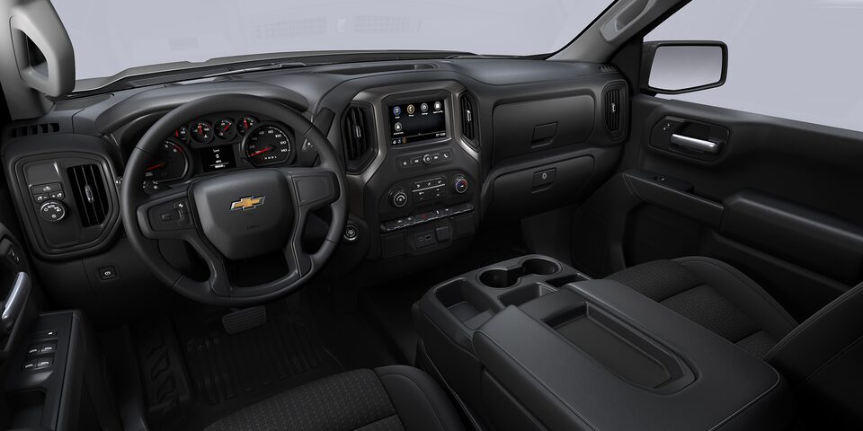 Acabado interior en tela color negro de tu Chevrolet Silverado Turbo 2025, camioneta de trabajo